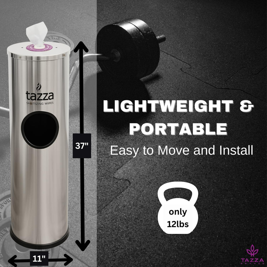 Tazza Gym Equipment Wipe Dispenser with Stainless Steel Floor Stand, Built-in Trash Can, Fitness Equipment Wipes Holder, 1.5 Gallon, Silver