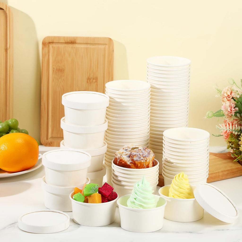 Fulmoon 100 Pack Paper Soup Containers with Lids Disposable Paper Food Containers with Vented Lid Kraft Ice Cream Cake Dessert Cups Soup Bowl for Party Hot Food Fruit Microwave(4 oz,Brown)
