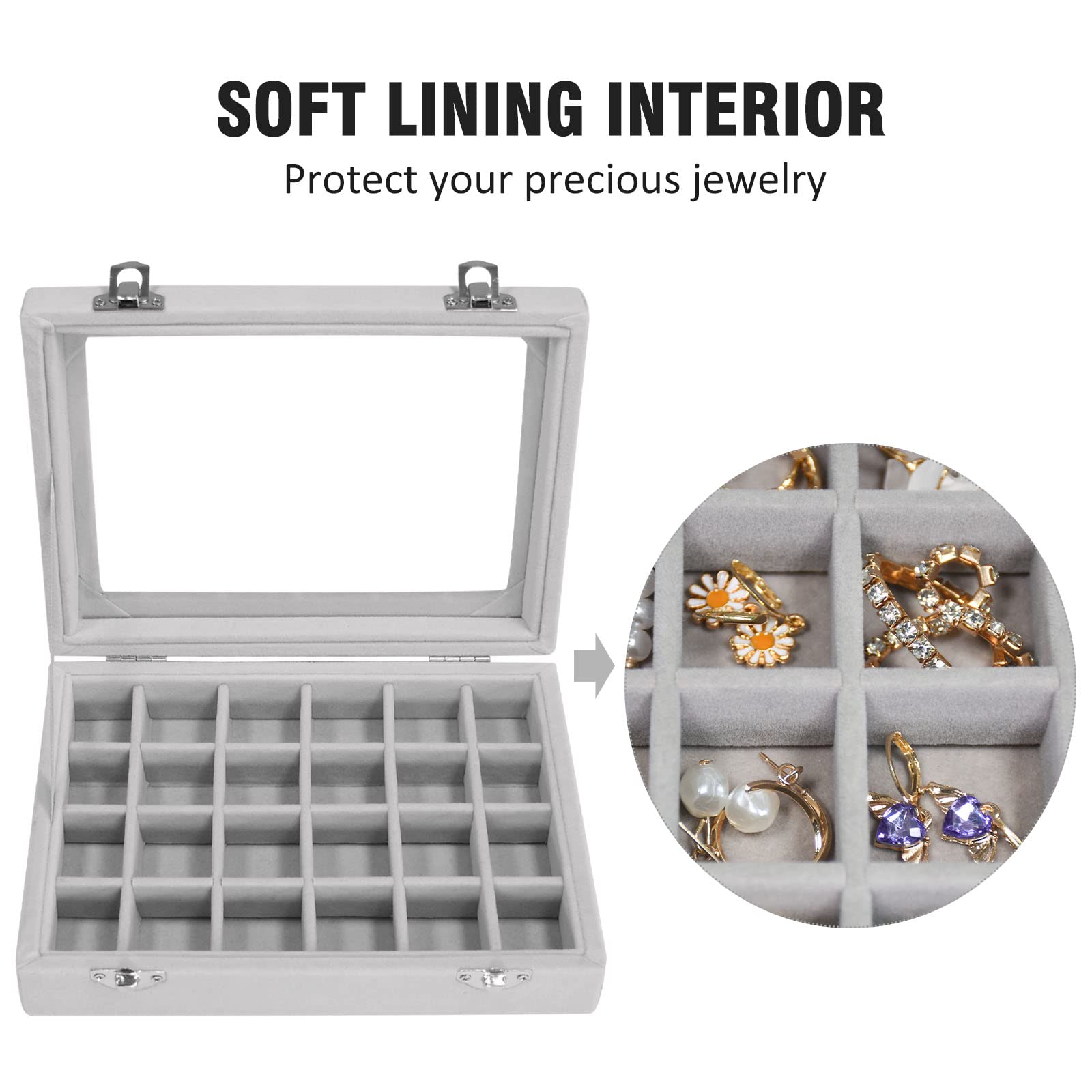 Vicoter Velvet Jewelry Box 24 Grid Jewelry Ring Display Organiser Box Tray Holder Earrings Storage Case for Girls Wife Mom Women (Beige)