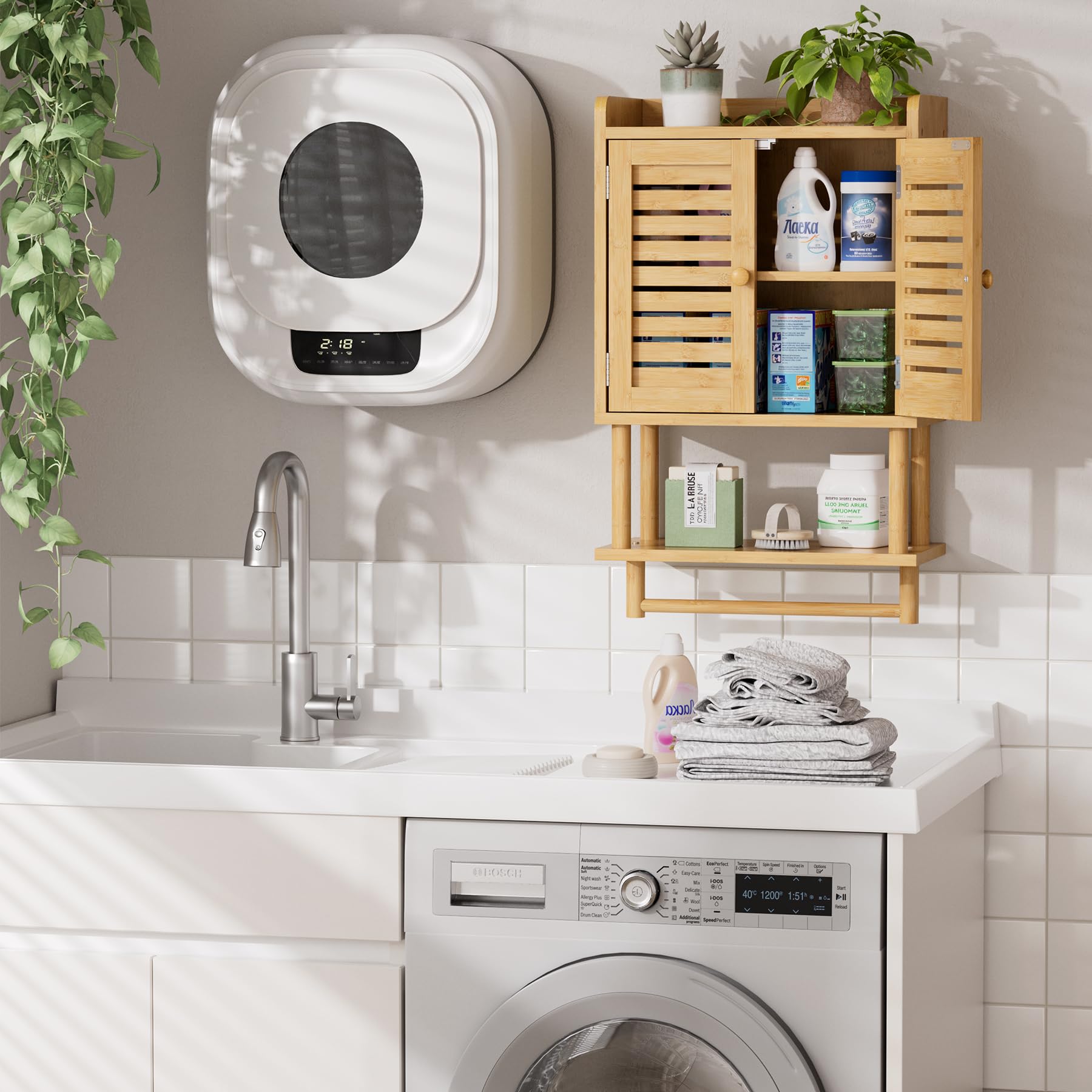 AmazerBath Bathroom Wall Cabinets, Bamboo Medicine Cabinet with Rattan Door, Over The Toilet Storage Cabinet with Towel Bar, Wall Mounted Cabinet with Adjustable Shelves for Small Spaces