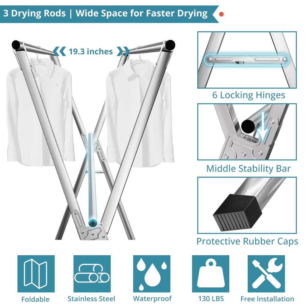 JAUREE 95 Inches Clothes Drying Rack, Drying Rack Clothing Folding Indoor Outdoor, Heavy Duty Stainless Steel Laundry Drying Rack, Foldable Portable Clothes Rack Garment Rack with 20 Hooks Black