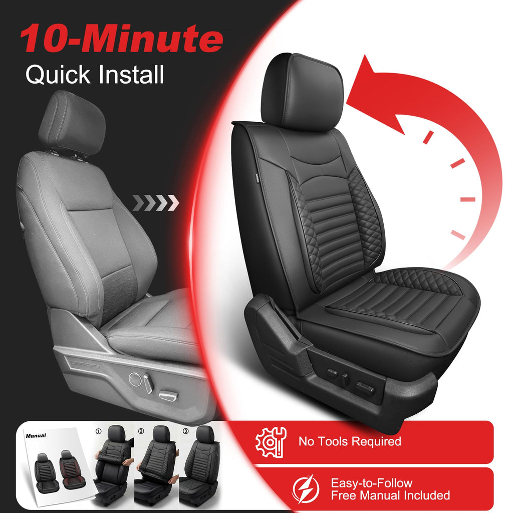 AOMSAZTO Seat Covers Fit for Ford F150 : 2009-2024 2025 2026 - F250/F350/F450 2017-2024 2025 2026 Truck Pick-up Front Car Seat Covers Faux Leather(Blackline, 2PCS Front)