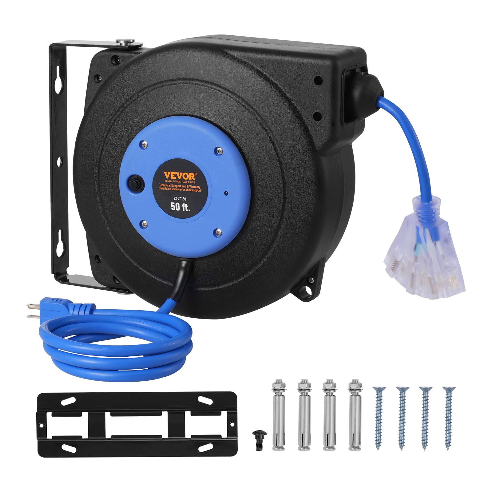 VEVOR Retractable Extension Cord Reel, 30 FT, Heavy Duty 16AWG/3C SJTOW Retractable Power Cord Reel with Lighted Triple Tap Outlet 10 Amp Circuit Breaker 4.5FT Lead-in Cord, for Ceiling or Wall Mount