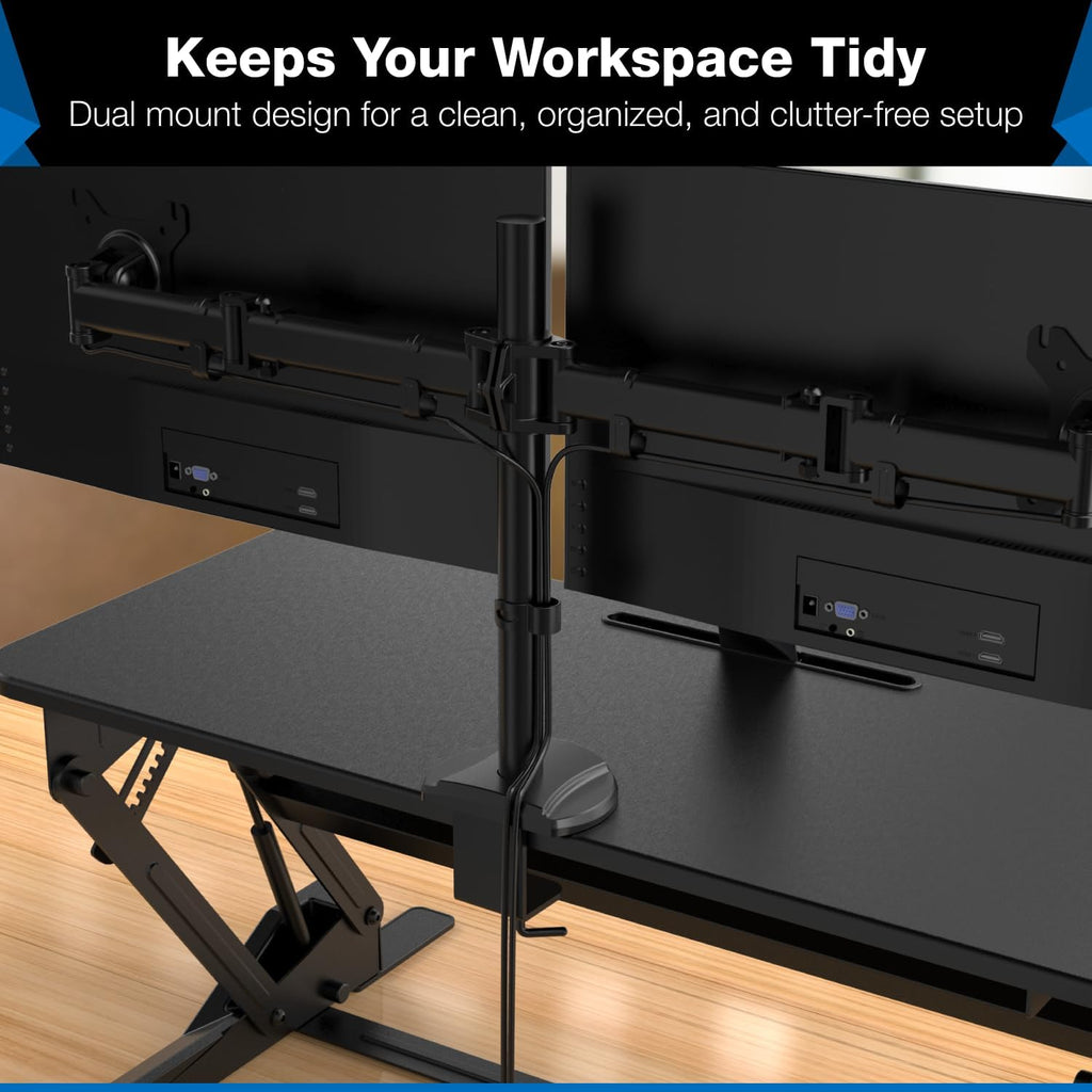 Mount-It! Standing Desk Converter Dual Monitor, 2 Screen Mounts Included, Height Adjustable Desk Riser in Black, Stand Up Desk Convertor Large 36" Wide, Sit Stand Convertor with Manual Lift Gas Spring