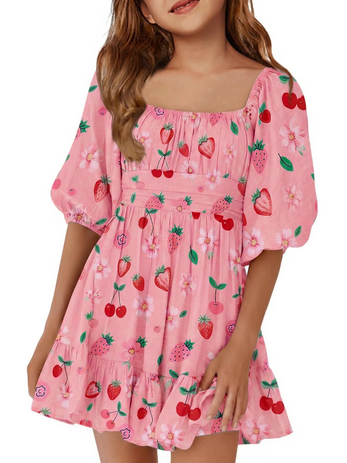 Girls Summer Dresses Square Neck Lantern Sleeve Tie Backless Ruffle A-Line Party Mini Dress