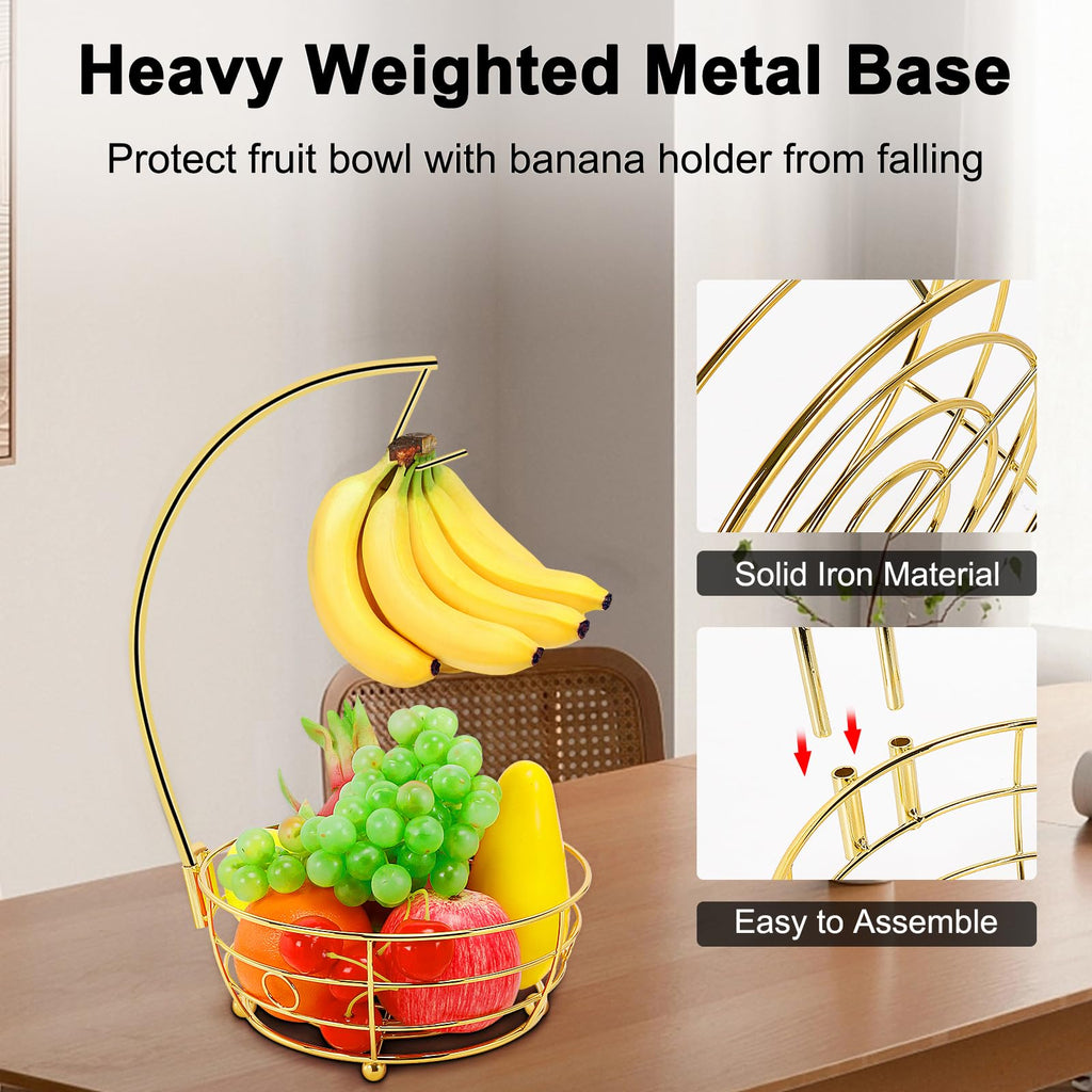 Livabber Countertop Fruit Basket Bowl with Banana Hanger, Modern Standing Fruit Vegetable Bowl Storage, with Banana Tree Holder for Kitchen Dinning Table (Round Marble, Black)
