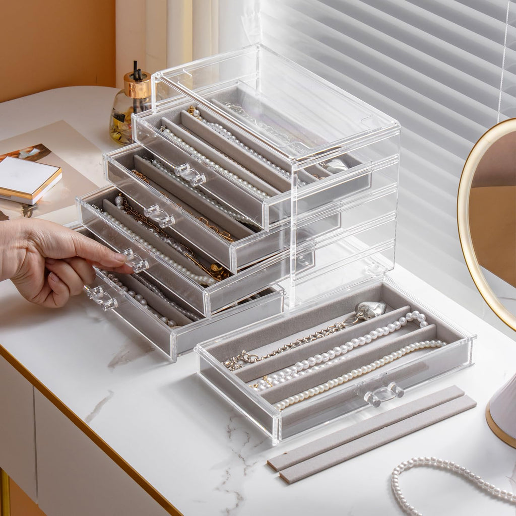 YUFONG Necklace Holder Organizer, Dustproof Necklace Box Velvet Necklace Organizer Box with Lid Clear Acrylic Dustproof Stackable Jewelry Displays for Necklaces Chain Display (Beige, 3 Drawer)
