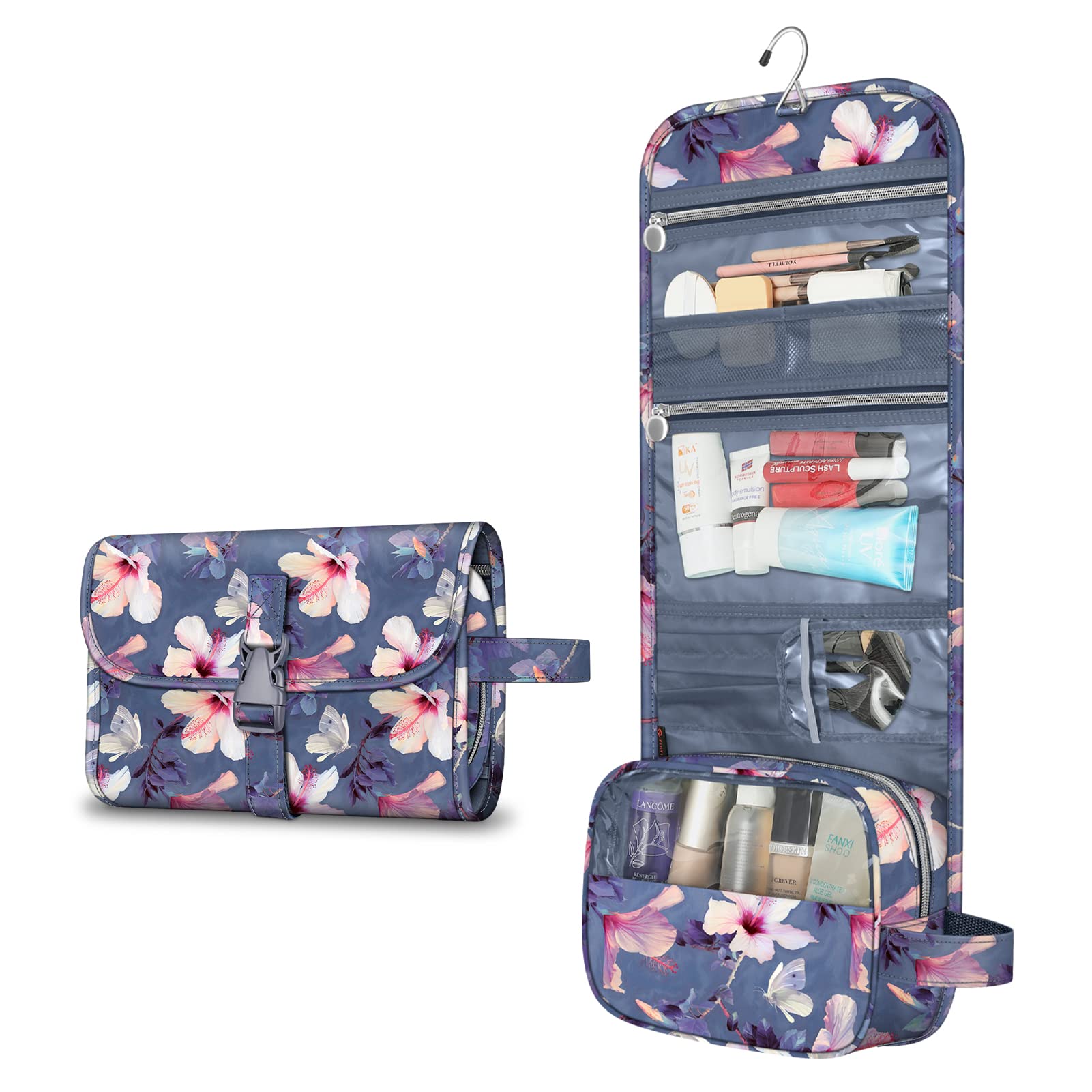 FINTIE Portable Toiletry Cosmetic Travel Bag, Large Water Resistant Hanging Makeup Organizer Storage Pouch Case for Women Girls (Blooming Hibiscus)