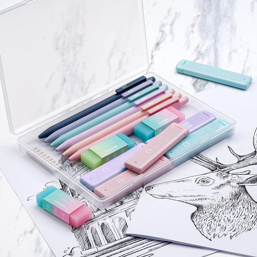 Four Candies Cute Mechanical Pencil Set, 6PCS Pastel Mechanical Pencils 0.5 & 0.7mm with 360PCS HB Leads, 3PCS Erasers and 9PCS Eraser Refills, Aesthetic School Supplies for Girls Writing
