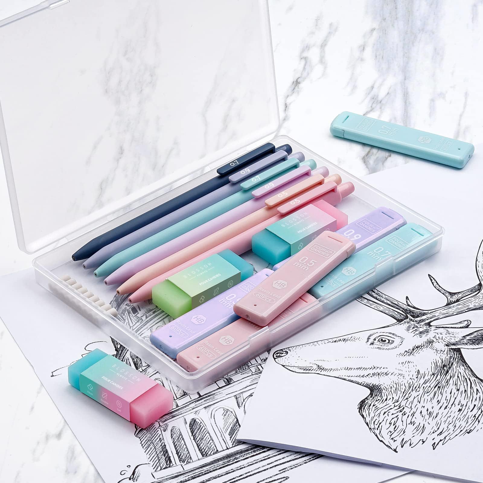 Four Candies Cute Mechanical Pencil Set, 6PCS Pastel Mechanical Pencils 0.5 & 0.7mm with 360PCS HB Leads, 3PCS Erasers and 9PCS Eraser Refills, Aesthetic School Supplies for Girls Writing