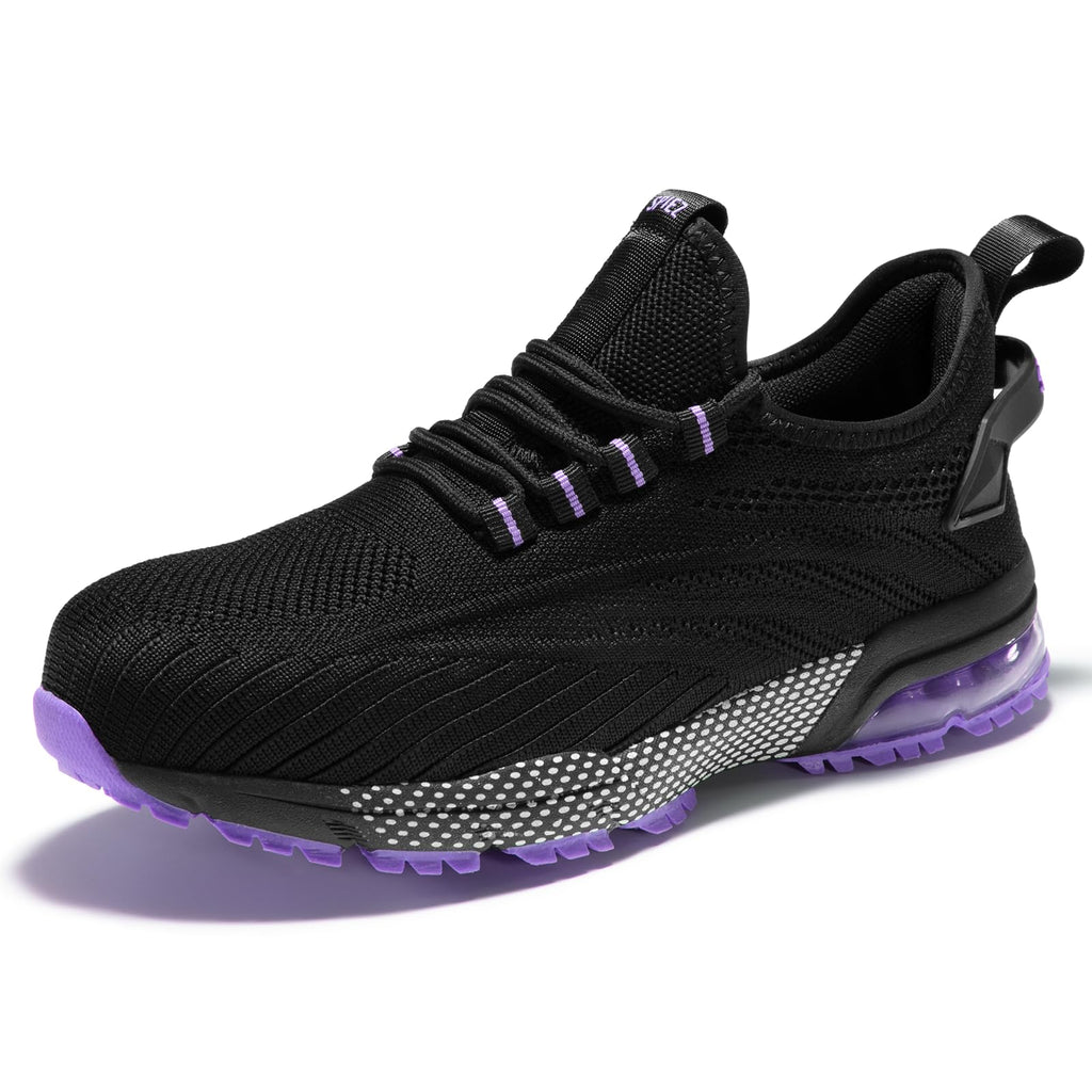 SPIEZ Safety Shoes for Women, Composite Toe Work Shoes with Air Cushioned Comfort, Lightweight Puncture Proof Safety Sneakers for Work and Daily Wear, Black Pink/Purple US4.5–10