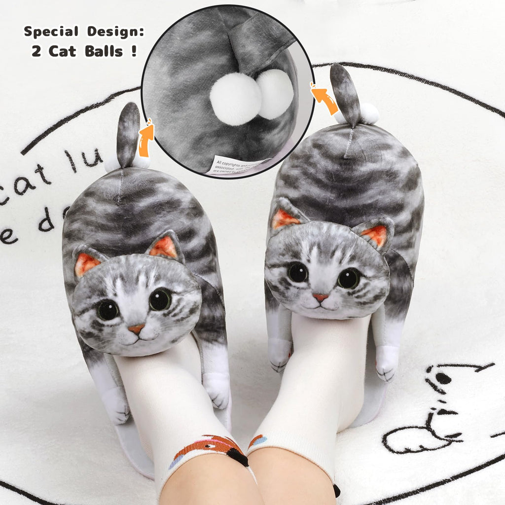 Funny Cat Slippers for Women,Fuzzy Animal Indoor House Shoes with Soft Memory Foam,Comfy Plush Warm Slip-on Slippers,Cat Gifts for Cat Lover
