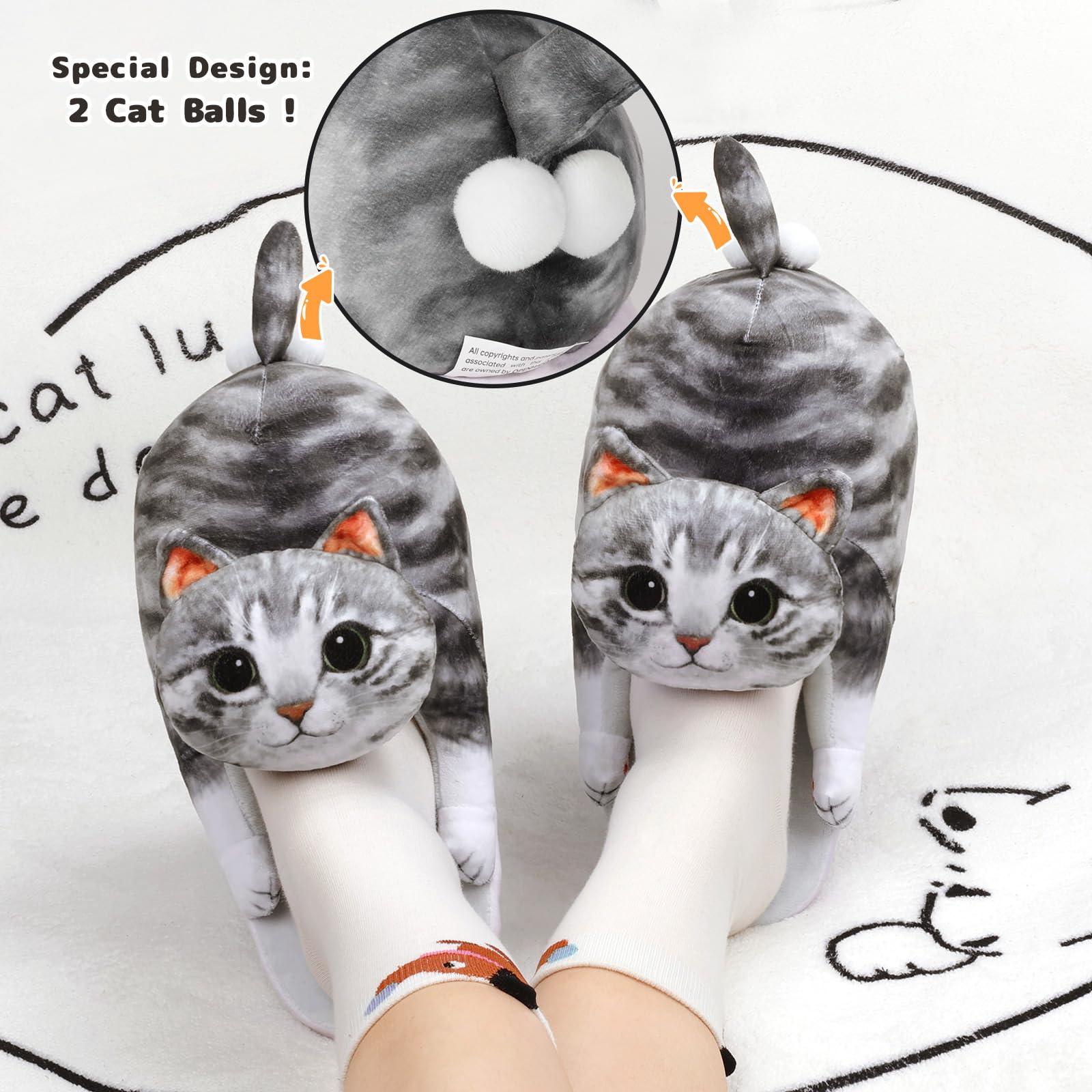 Funny Cat Slippers for Women,Fuzzy Animal Indoor House Shoes with Soft Memory Foam,Comfy Plush Warm Slip-on Slippers,Cat Gifts for Cat Lover