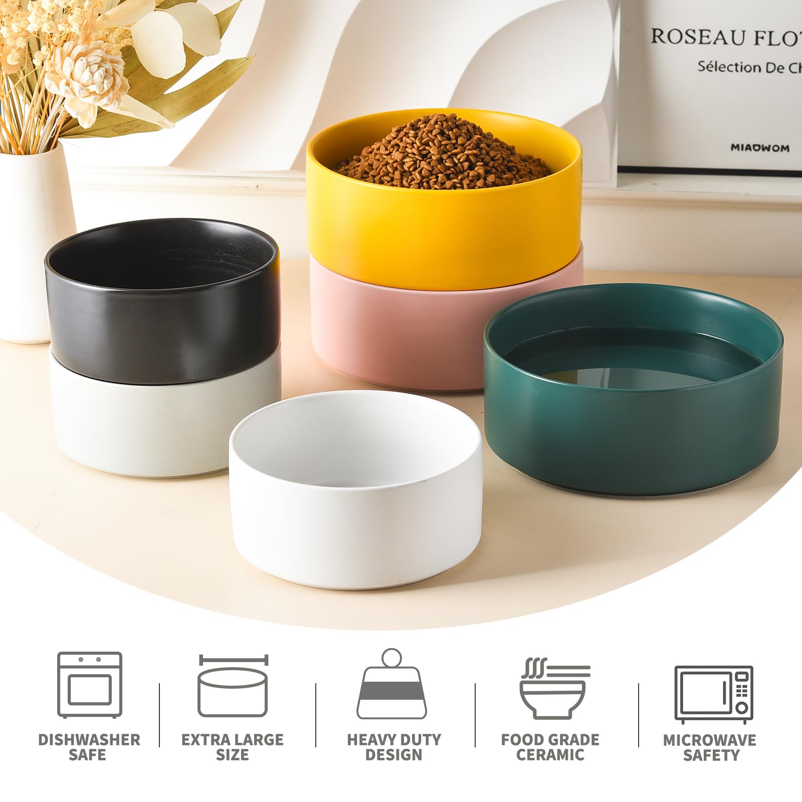 6'' Ceramic Raised Dog Bowl - 30Oz Dog Food & Water Bowl with Elevated Non-Slip Bamboo Stand, Dishwasher & Microwave Safe, Anti Vomiting Heavy Duty Pet Bowl for Small and Medium Dogs, Black