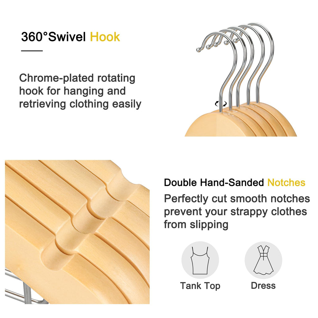 TOPIA HANGER Wooden Suit Hangers with Adjustable Metal Clips (10 Pack), Solid Wood Clothes Hangers, 360° Swivel Hook, Premium Retro Finish Pants Hangers for Clothes Coat, Jeans, Blouse-CT28A