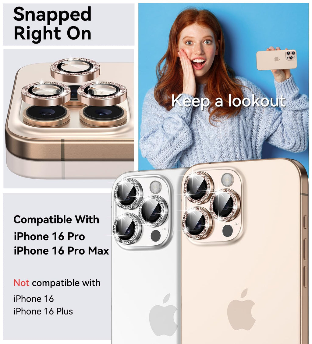 Matekxy Glitter Camera-Lens Protector for iPhone-16 Pro-Max - 16 Pro Anti-Scratch Tempered Glass with Aluminum Edging, Cute Girly Metal Individual Bling Ring Cover for Women, Black Titanium