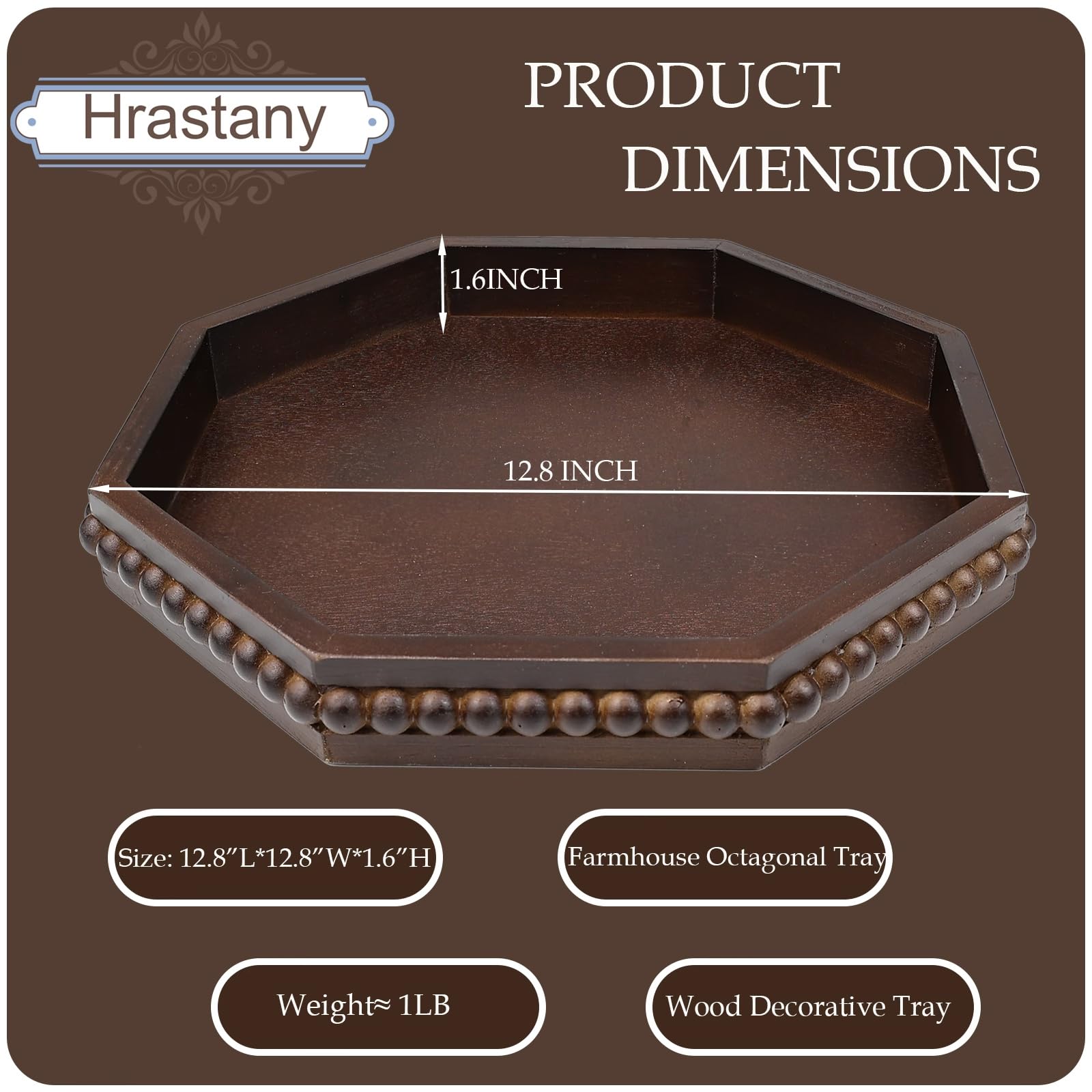 Hrastany Wood Rustic Serving Tray with Beads, Farmhouse Black Decorative Tray for Table Centerpiece, Christmas Wedding Halloween Home Decor