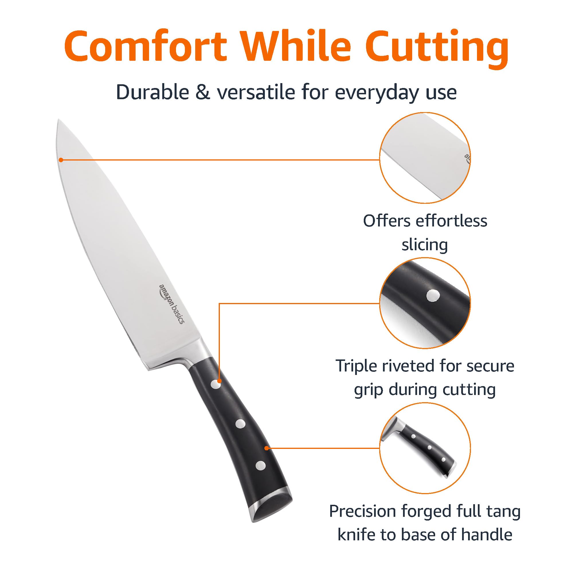 Amazon Basics Classic 8-inch Full Tang High Carbon Stainless Steel Chef's Knife, Multipurpose Kitchen Knife with Three Rivets, Silver