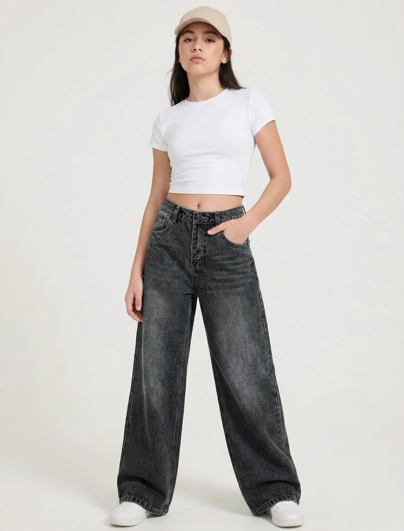 EXARUS Girls Jeans Baggy Wide Leg Cute Teen Tween Long Denim Pants Clothes Tall Junior Elastic Band Pockets