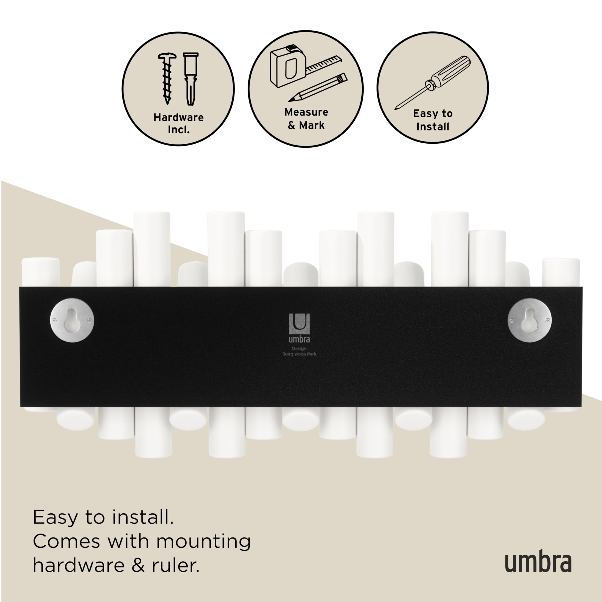 Umbra Picket Wall-Mounted Coat Rack Rail Hook with 5 Retractable Wood Pegs – Modern, Space-Saving Storage Organizer, Black