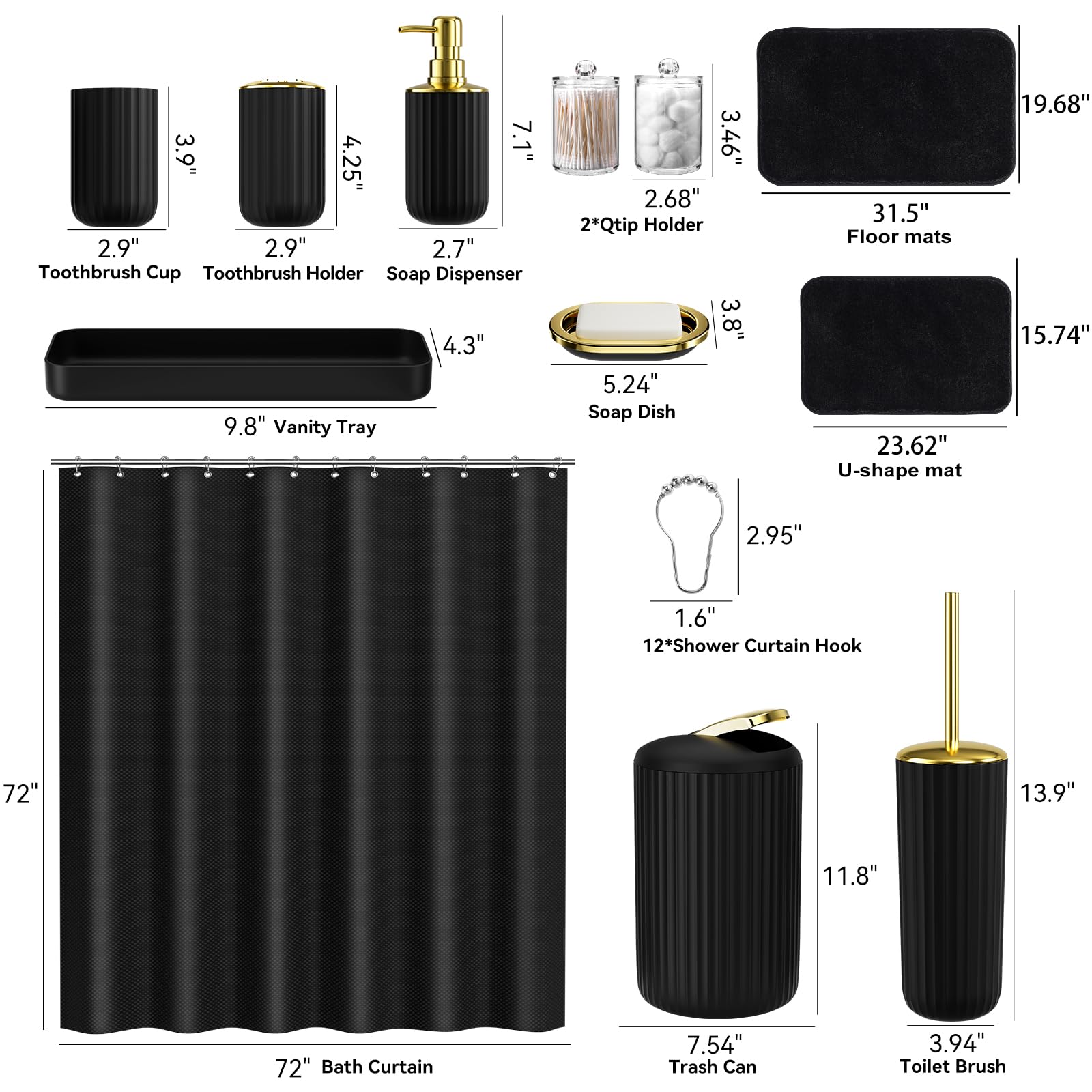 XLHOMO 24 PCS Black Bathroom Accessories Set with Shower Curtain and Rugs, Bathroom Decor Set with Trash Can, Toilet Brush, Soap Dispenser, Toothbrush Holder, Tumbler, Soap Dish and Jars