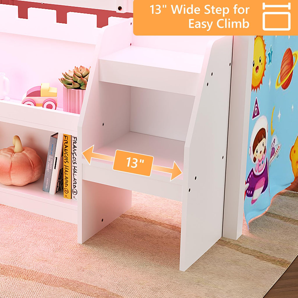 JOYMOR Low Loft Bed Twin Size with LED Lights, 4 Storage Shelves, Removable Curtain, Kids Wood Loft Bed with 15" H Safety Guardrail, Spave Saving, Mattress Not Included (Gray)