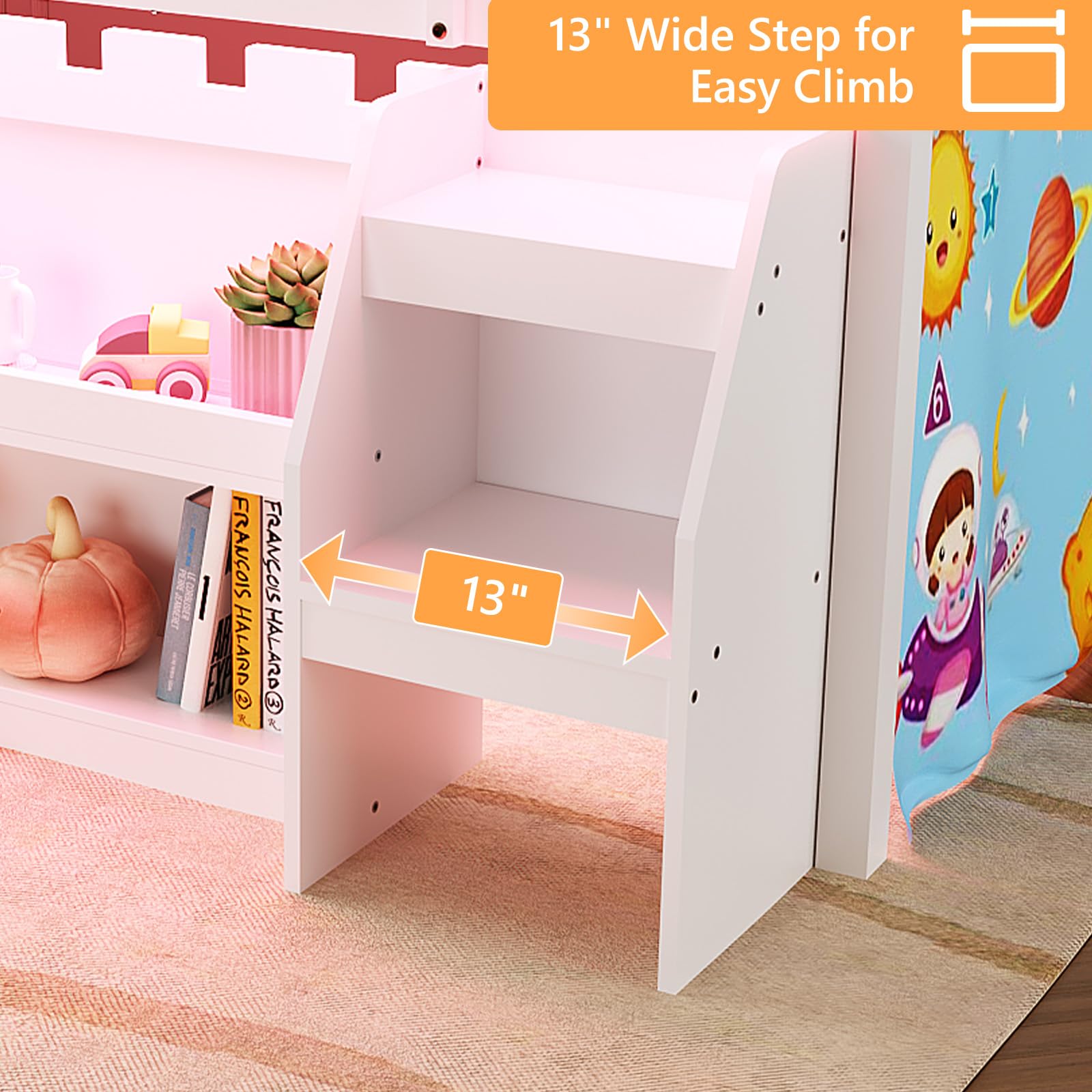 JOYMOR Low Loft Bed Twin Size with LED Lights, 4 Storage Shelves, Removable Curtain, Kids Wood Loft Bed with 15" H Safety Guardrail, Spave Saving, Mattress Not Included (Gray)