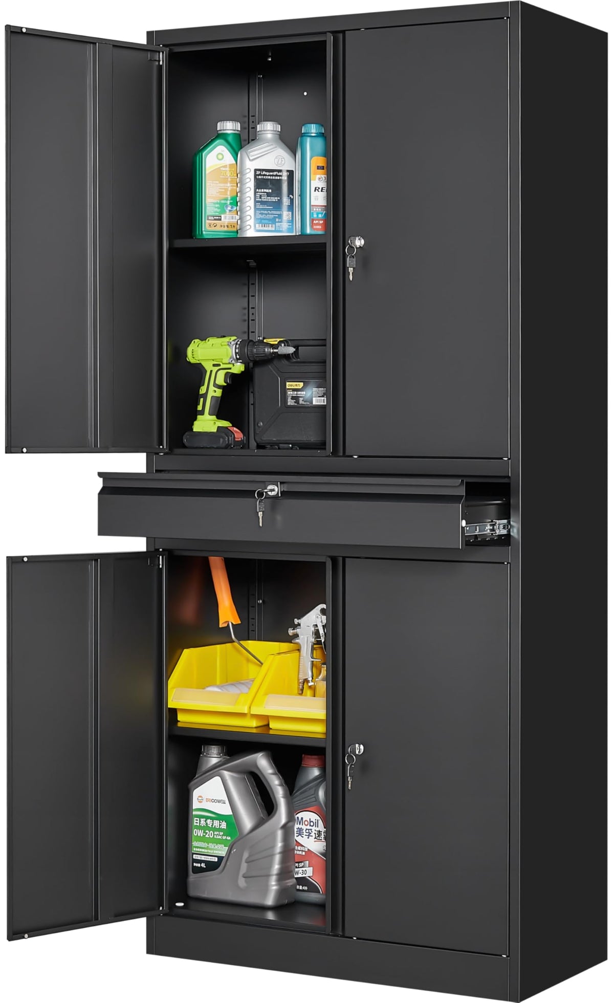 SISESOL Wide & Deep Metal Storage Cabinet with Wheels,Tall Rolling Garage Storage Cabinet with Lock,Black Metal Cabinets with Pegboards and Shelves,Tool Locker for Garage,Home,Office,43''Wx 20''Dx71"H