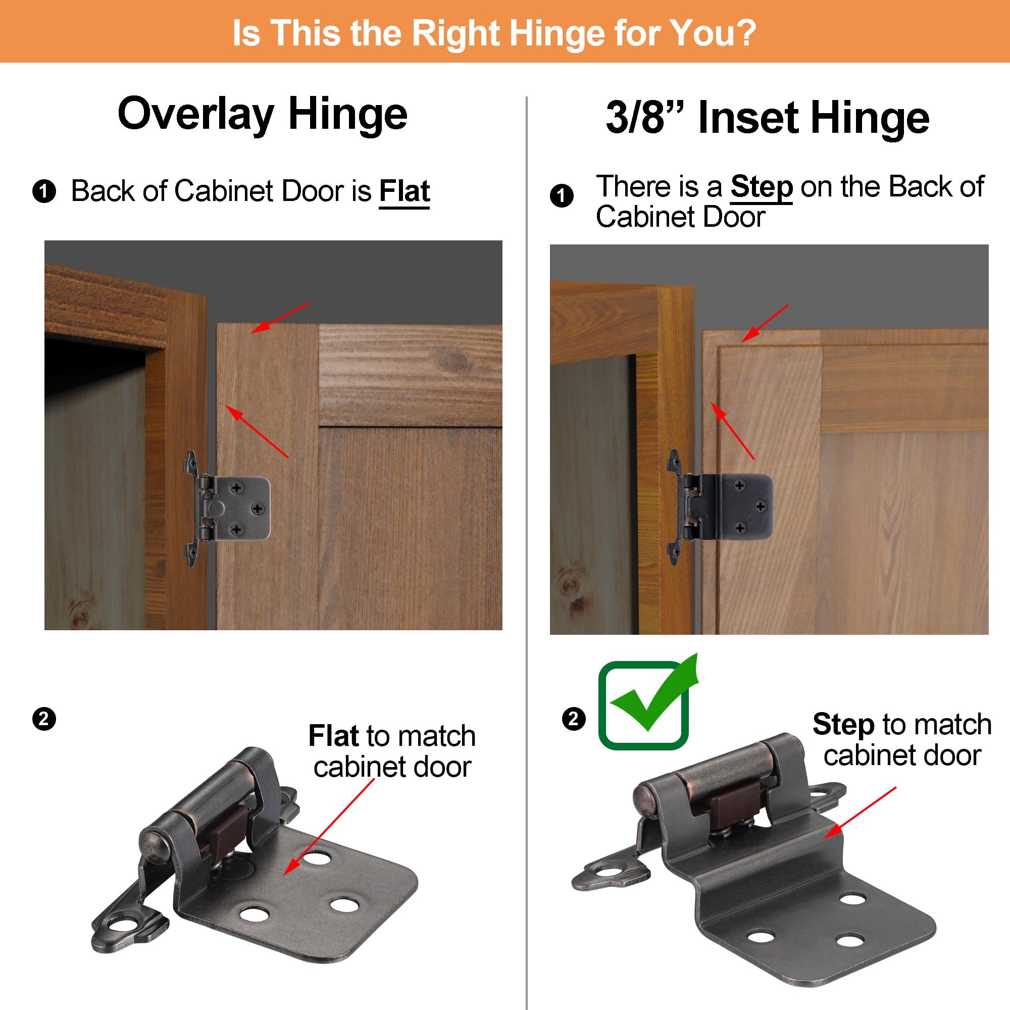 4 Pack (2 Pairs) Antique Brass Self Closing Cabinet Hinges for Kitchen Cabinet Door, 1/2" Overlay (Variable) Semi Concealed Kitchen Cabinet Hinges