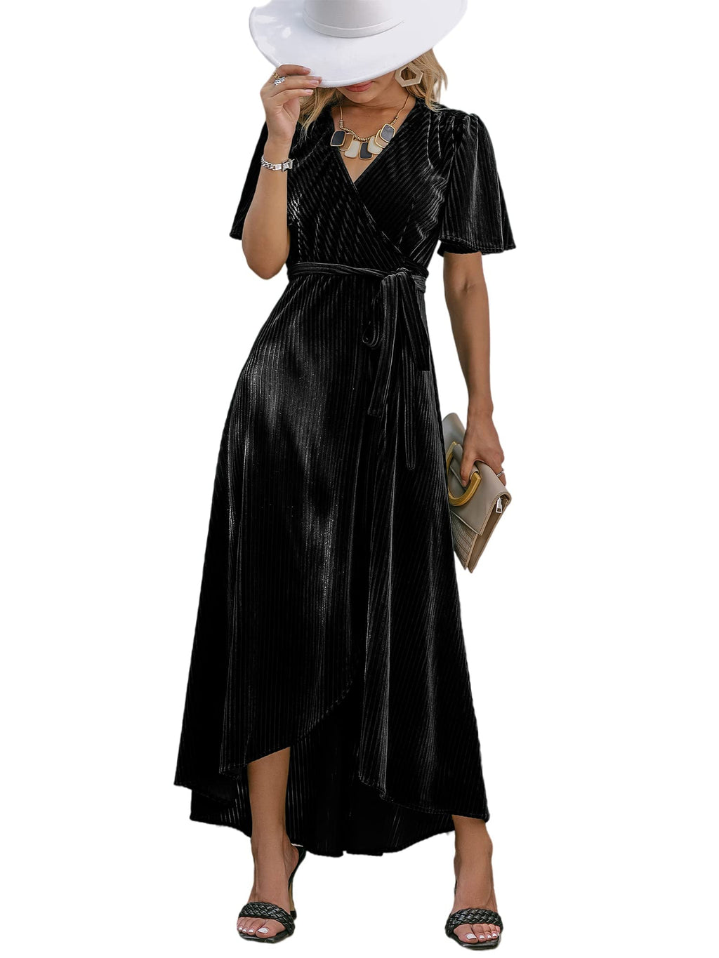 BerryGo Women's Velvet V Neck Wrap Semi Formal Dress Cocktail Party Maxi Dress for Wedding Guest