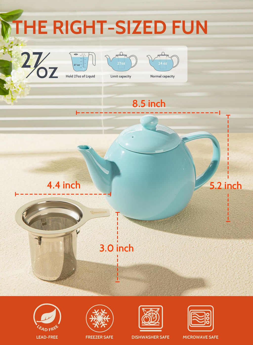 Sweese Porcelain Teapot 27 oz with Infuser for Loose Leaf Tea, Bluish Grey