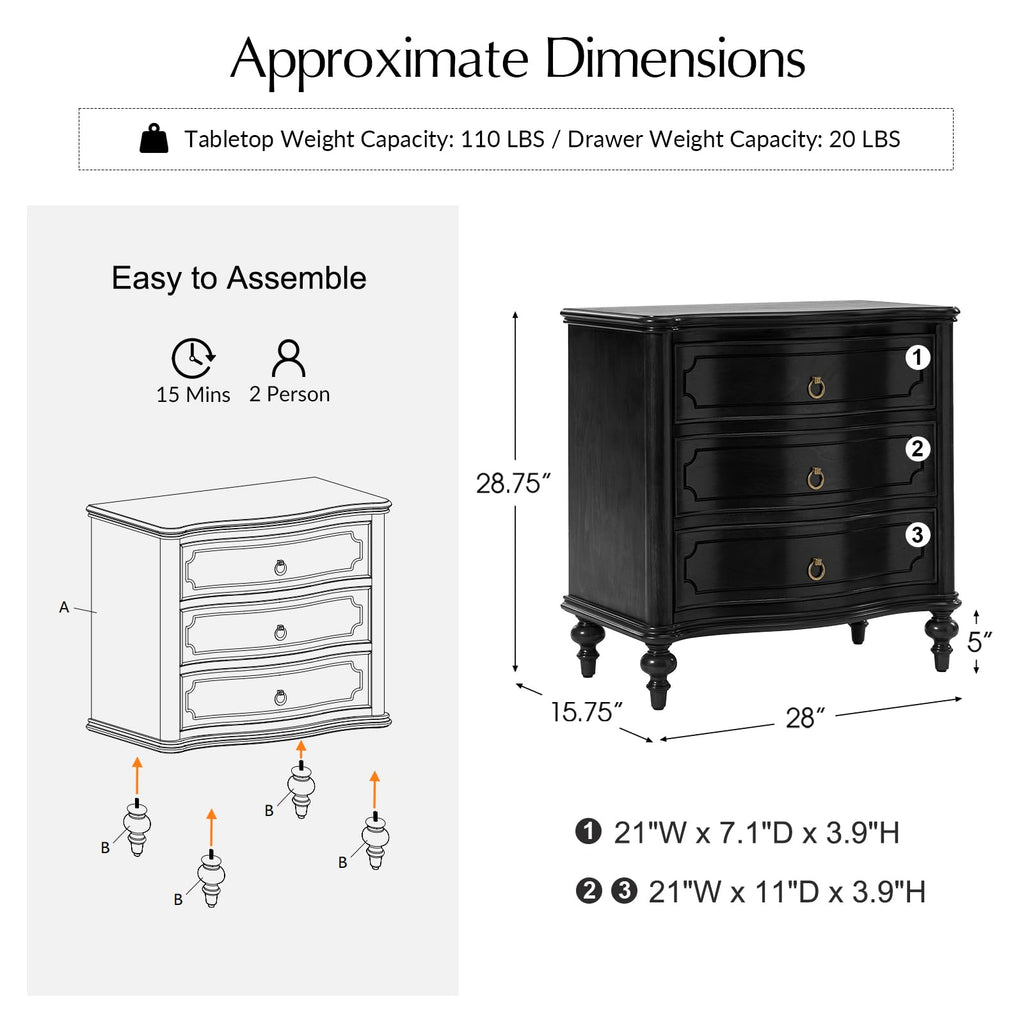 HULALA HOME Traditional Side Table with 3 Drawers, Tall Side Table with Curved Front Profle Desgin, Charging Station, Solid Wood Legs, Black