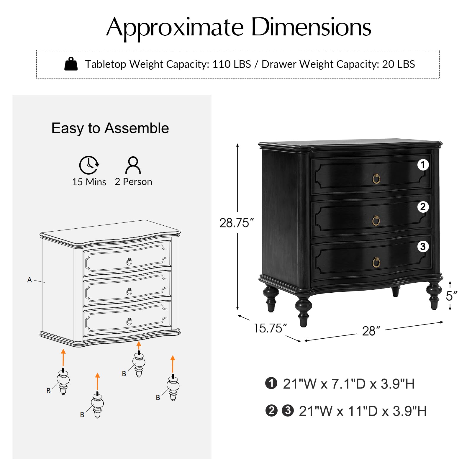 HULALA HOME Traditional Side Table with 3 Drawers, Tall Side Table with Curved Front Profle Desgin, Charging Station, Solid Wood Legs, Black