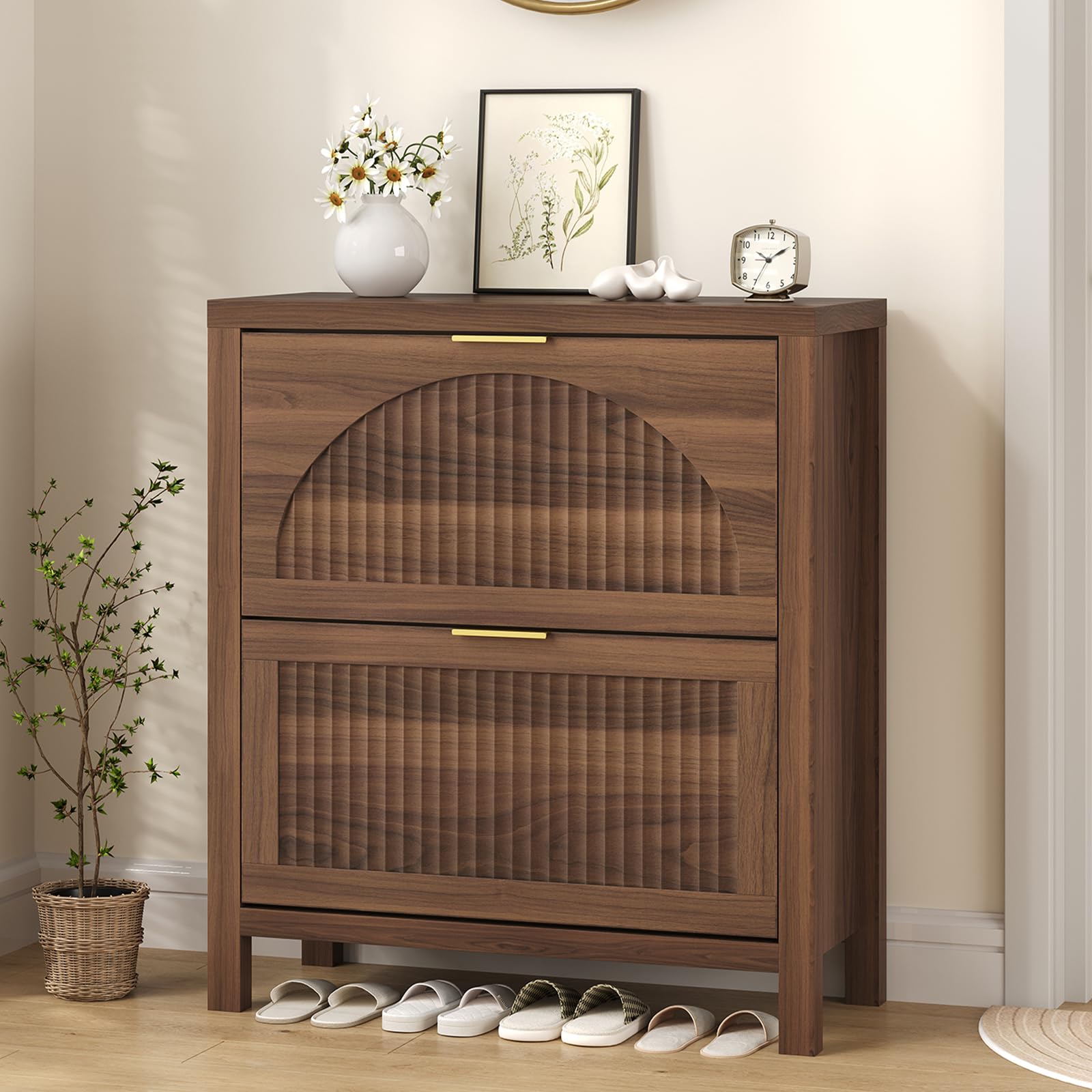 YOMILUVE Shoe Cabinet Storage for Entryway, Fluted Shoe Cabinet with 2 Flip Drawers, Hidden Shoe Rack Tall Freestanding Shoe Organizer with Legs for Hallway, Blue
