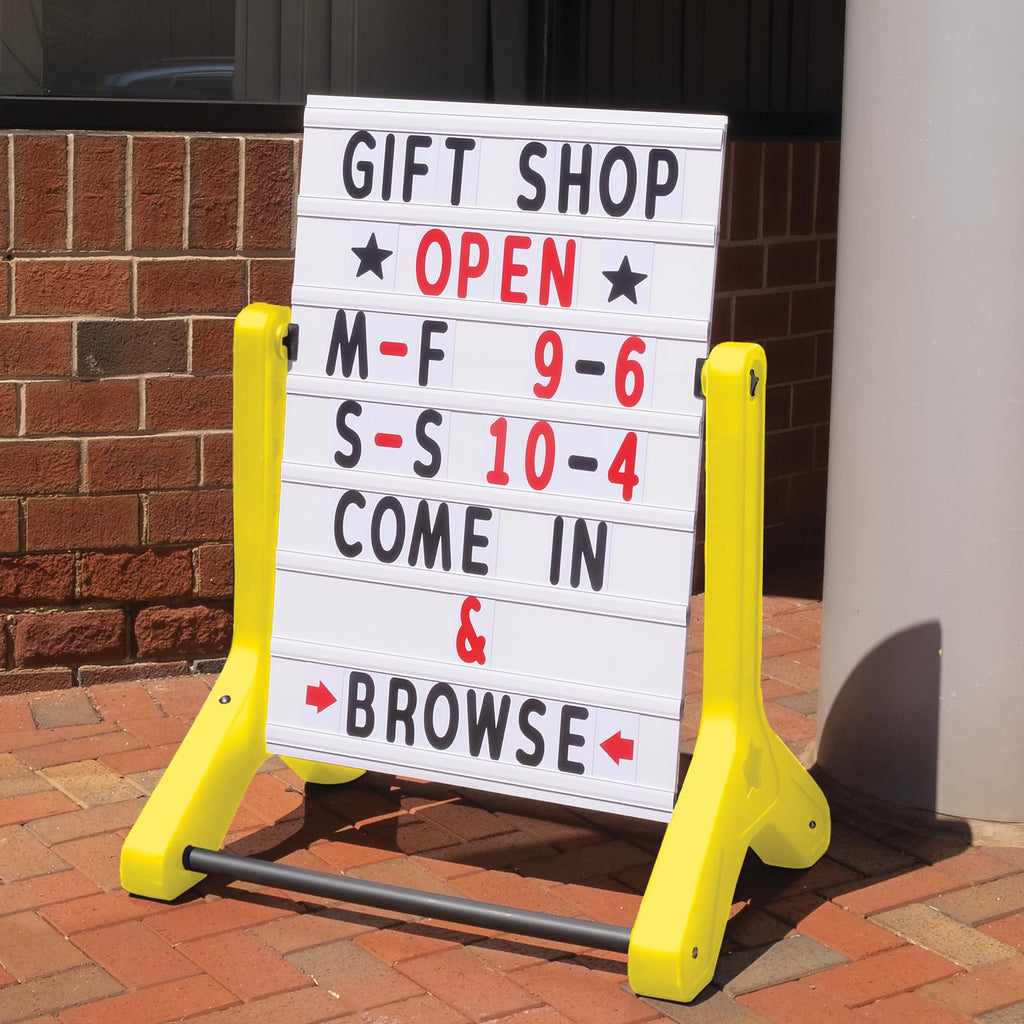 Swinging Changeable Message Sidewalk Sign: 24" x 36" Sign with 792 Pre-Cut Double Sided Letters and Storage Box. Includes Black Board & Letter Board (Black Color Legs)