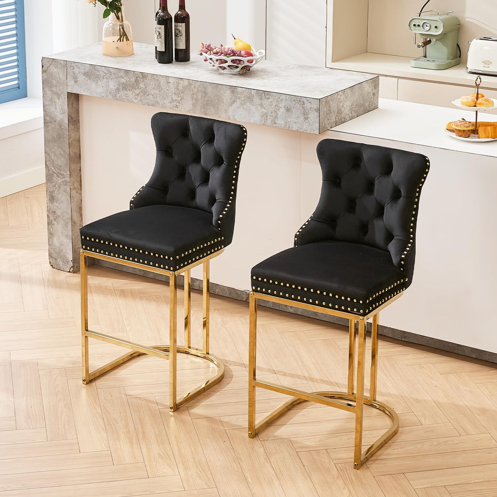 UVV Counter Height Bar Stools Set of 1, 26" Modern Barstools with Back, Velvet Upholstery Counter Chairs with Metal Legs for Kitchen Island, Bar, Counter, Beige