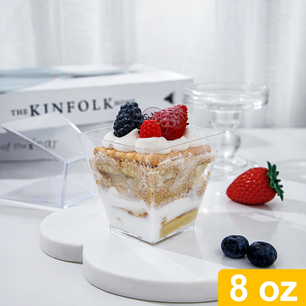 supernal 2oz Square Plastic Mini Dessert Cups with Gold Spoons,Parfait Appetizer Cup,100pcs Cups,100pcs Gold Spoons,Perfect for Birthday,Party,Wedding