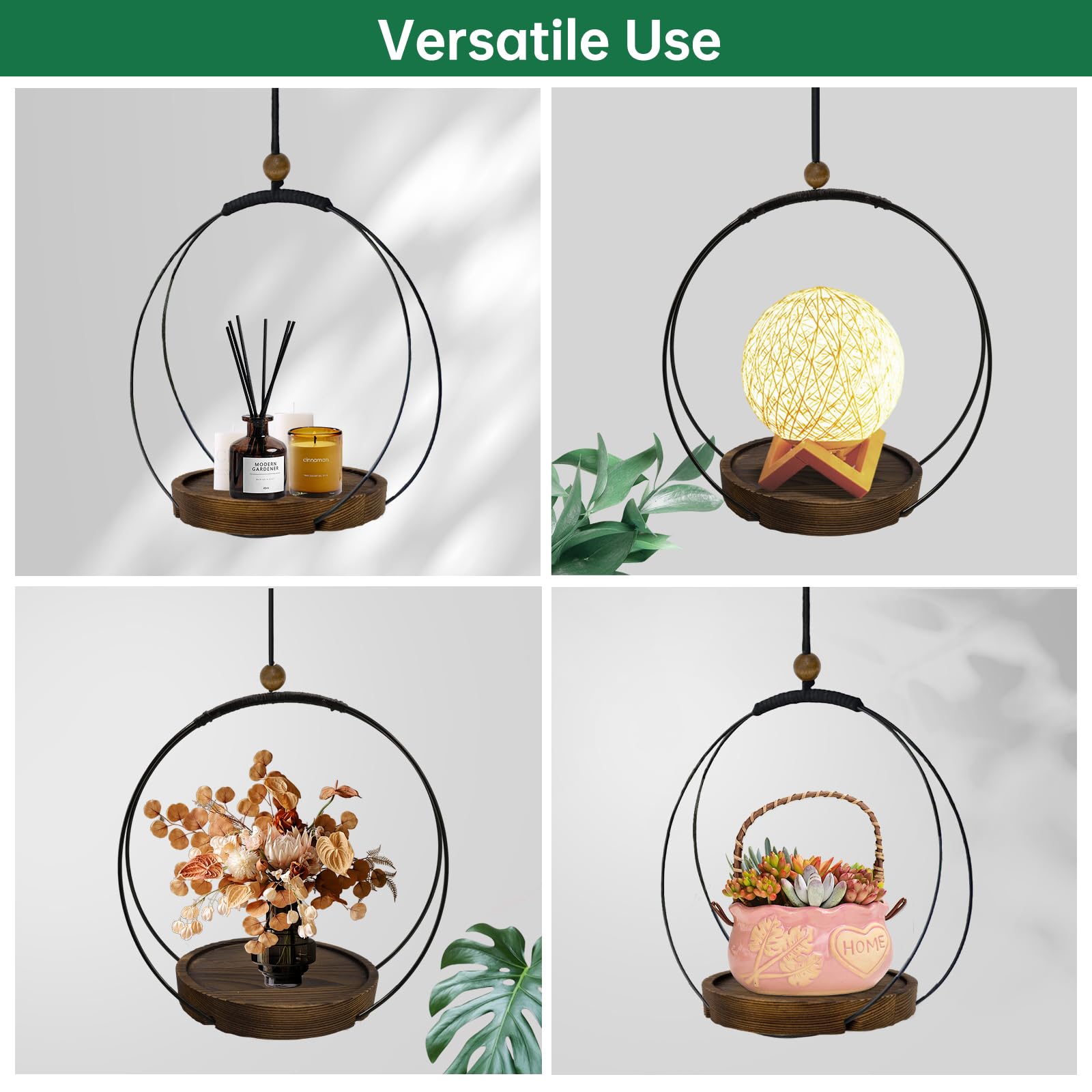 Hanging Planter for Indoor Plants, Black Plant Hanger Indoor with Sturdy Wood Base, Modern Boho Macrame Plant Hanger for 3-5.5 Inch Pot, Hanging Wall Ceiling Window Home Decor (Pots Not Included)