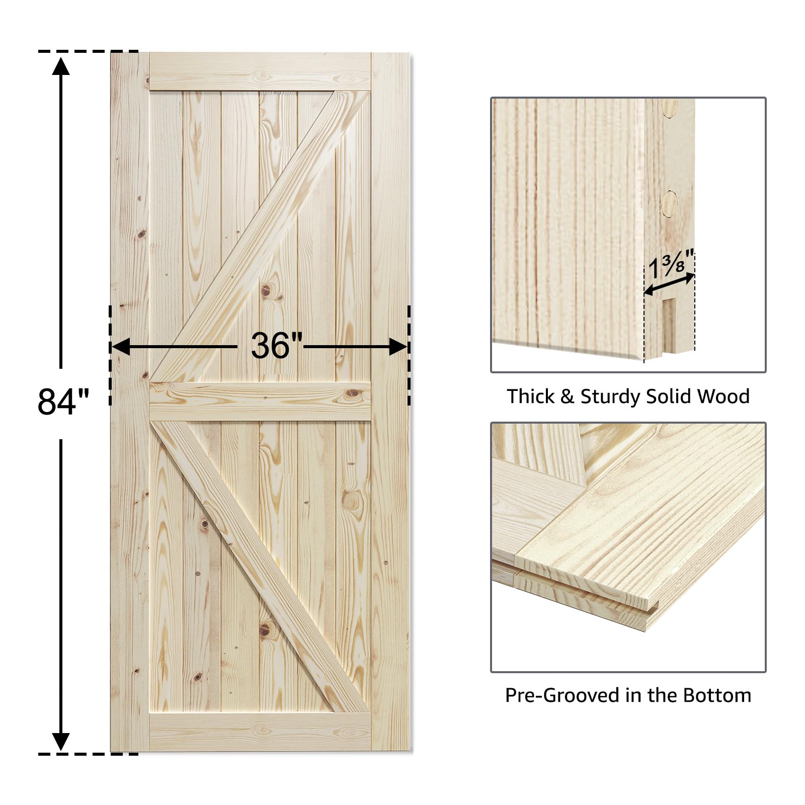 SmartStandard 24in x 80in Sliding Barn Wood Door Pre-Drilled Ready to Assemble, DIY Unfinished Solid Spruce Wood Panelled Slab, Interior Single Door Only, Natural, K-Frame (Fit 4FT Rail)