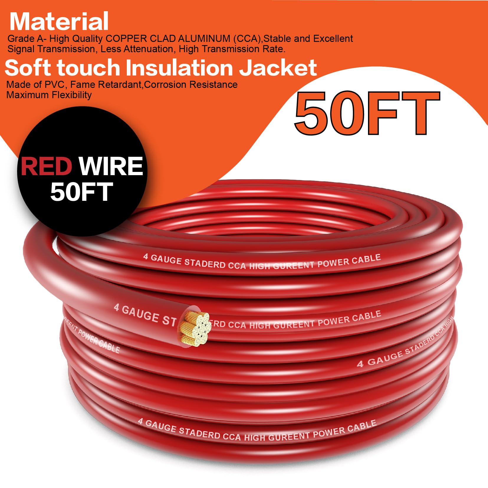 4 Gauge Wire (50ft Each - Red/Black) Copper Clad Aluminum CCA with Cable Cutter,Lugs Terminal Connectors and Heat Shrink Tube - Battery Power/Ground Cable,Car Audio Speaker,RV Trailer Amp Wiring kit