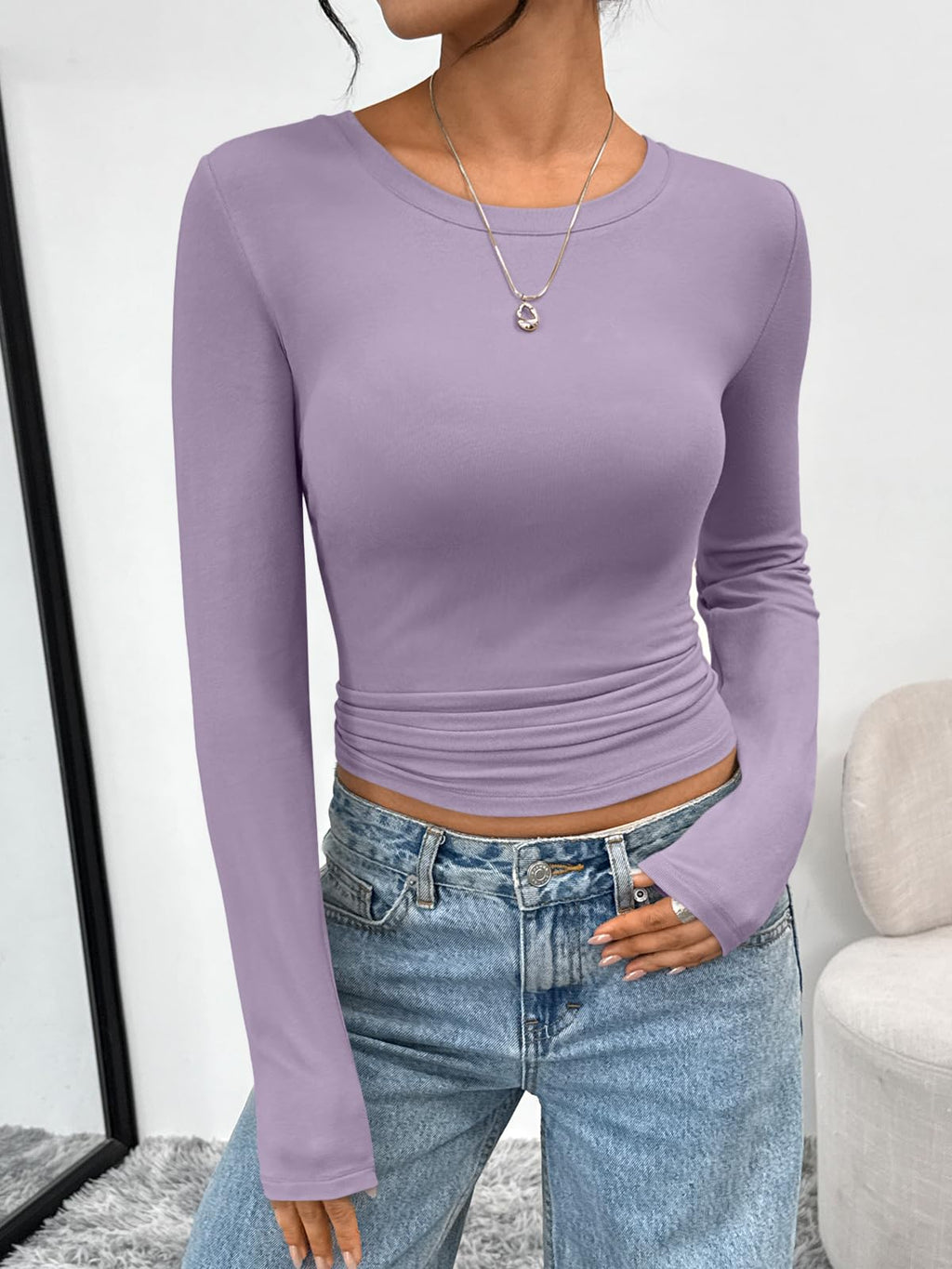 Trendy Queen Womens Long Sleeve T-Shirts Basic Crop Tops 2026 Spring Fashion Outfits Going Out Winter Clothes