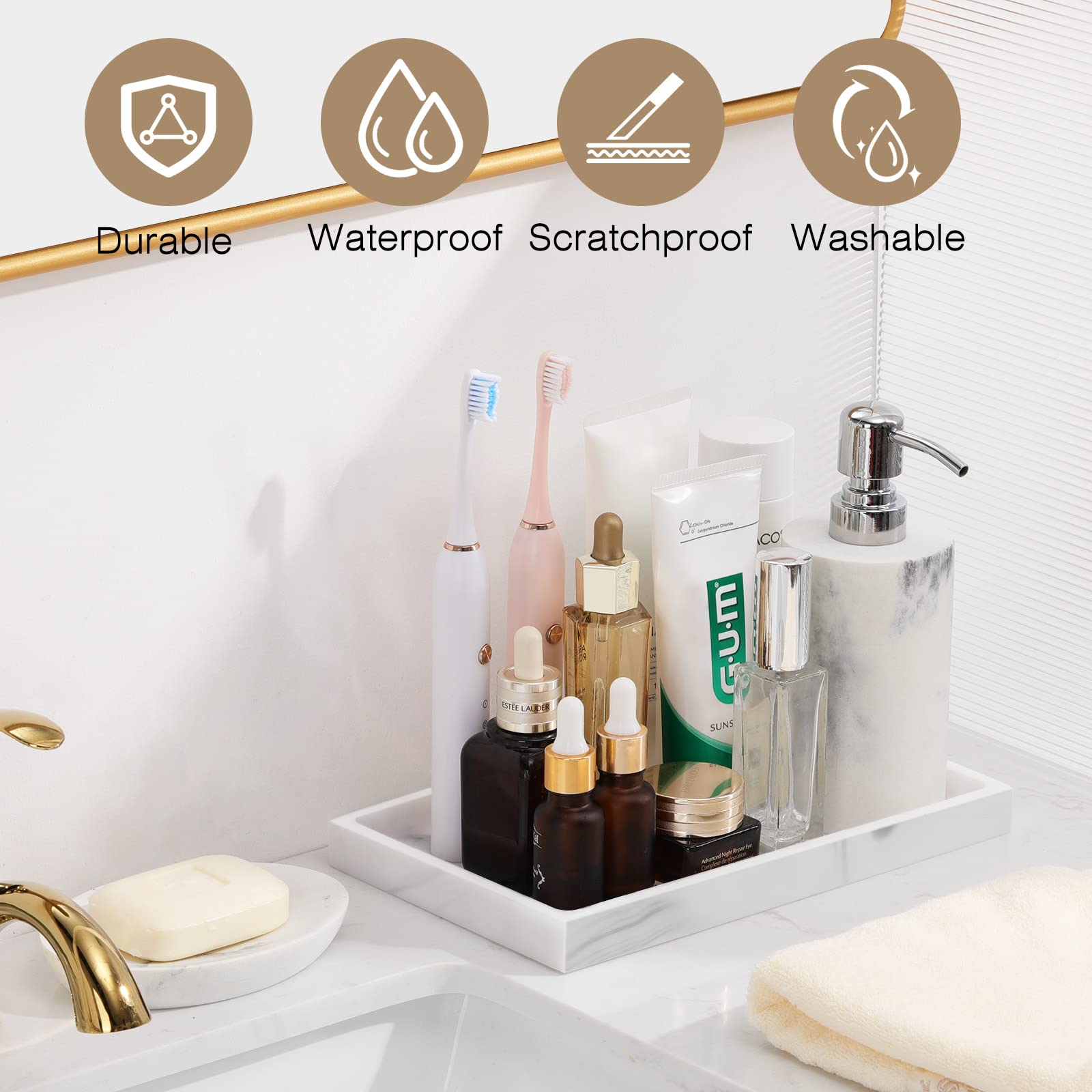 Luxspire Bathroom Vanity Tray, Resin Dresser Jewelry Ring Dish Tank Storage Kitchen Sink Countertop Organizer Plate Holder for Perfume Candles Soap Towel Plant Bathroom Accessories, M, Matte Black