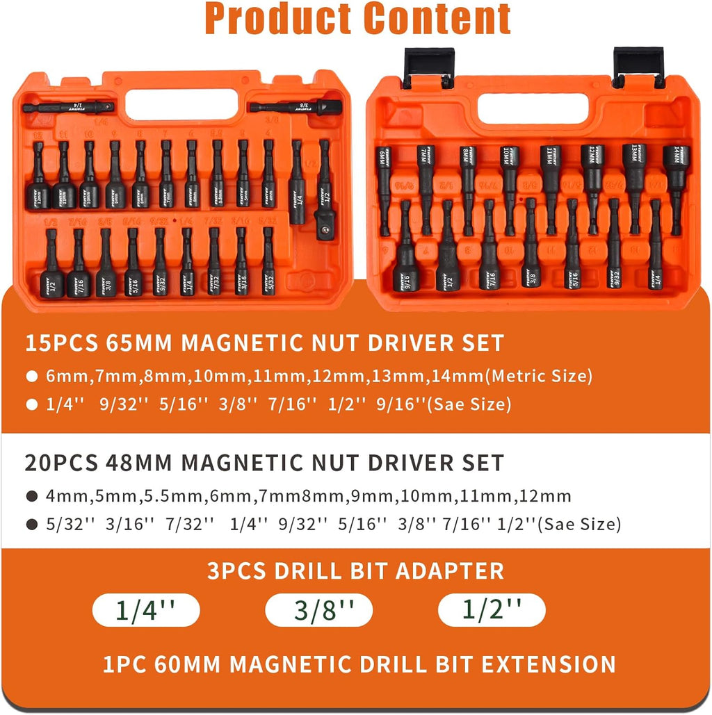 FTIHTRY 39Pcs Magnetic Nut Driver Set for Impact Drill, Metric & SAE Magnetic Impact Drill Driver Bit, 1/4" Hex Shank, Fully Magnetic Hex Nut Driver Drill Bit Master Kit, Black