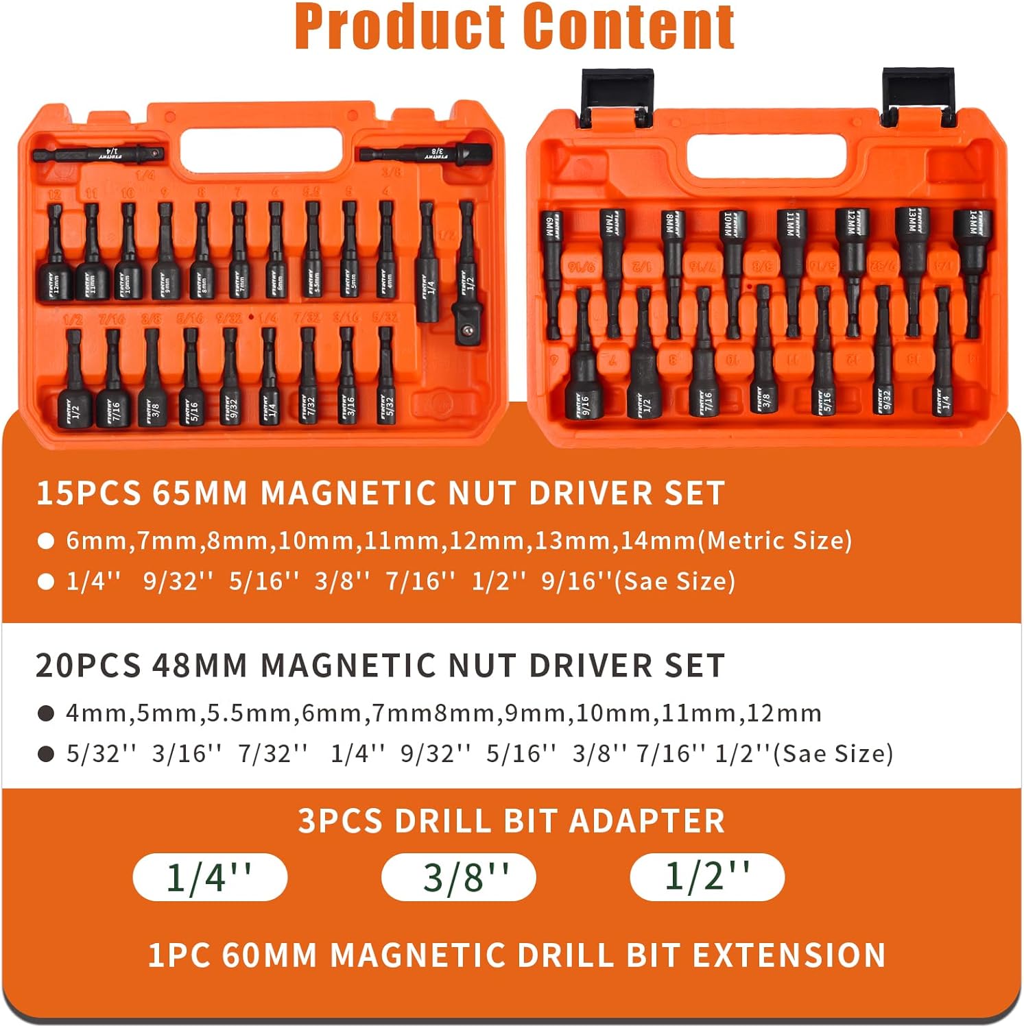 FTIHTRY 39Pcs Magnetic Nut Driver Set for Impact Drill, Metric & SAE Magnetic Impact Drill Driver Bit, 1/4" Hex Shank, Fully Magnetic Hex Nut Driver Drill Bit Master Kit, Black