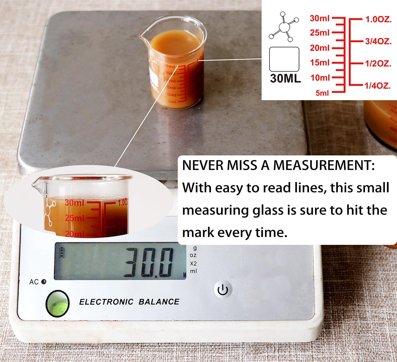 High Borosilicate Glass Measuring Cup-V-Shaped Spout，Glass Measuring Beaker for Kitchen or Restaurant, Easy to Read, 30 ML (1 Oz)-Pack of 2