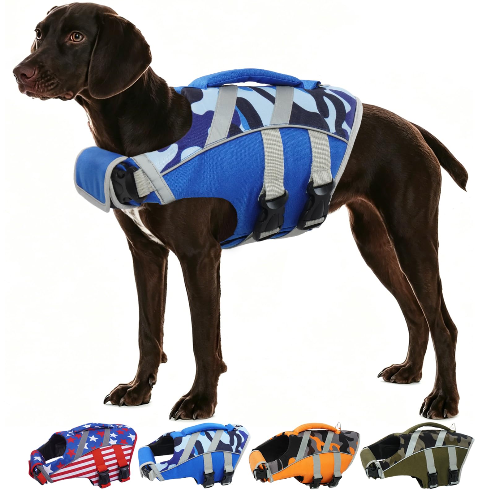 Kuoser Dog Life Jacket with Reflective Stripes, Dog Life Vest for Swimming Boating, Adjustable Pet Lifejackets with High Flotation, Doggie Swimsuit for Small Medium Large Dogs