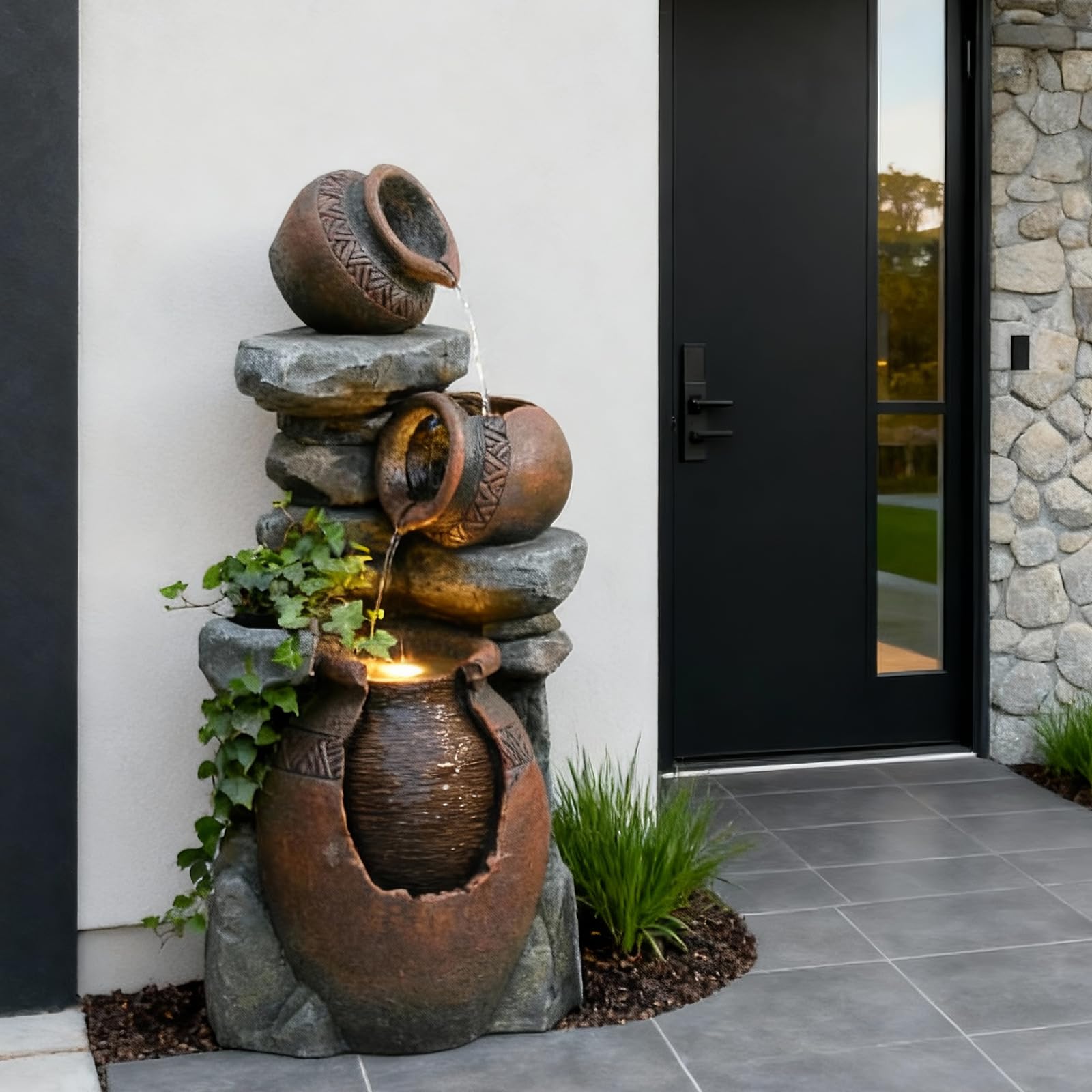 Bumilgar 2-Tier Bowl Water Fountain with LED Lights, 27.95" Tall Freestanding Outdoor & Indoor Garden Waterfall Fountain for Yard, Patio, Backyard, Floor Standing Home Decor