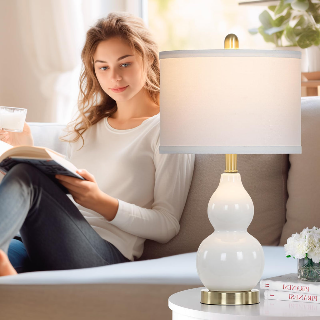 Rinweey Double Gourd Ceramic Table Lamps Set of 2, Modern Blue Bedside Lamps for Night Stand, Contemporary Nightstand Lamps for Bedroom Living Room (Bulb Included)