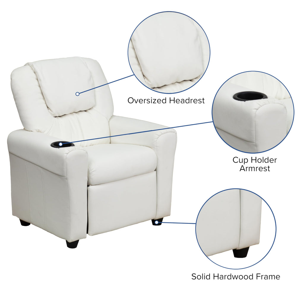 Flash Furniture Vana Vinyl Kids Recliner with Cup Holder, Headrest, and Safety Recline, Contemporary Reclining Chair for Kids, Supports up to 90 lbs., Beige