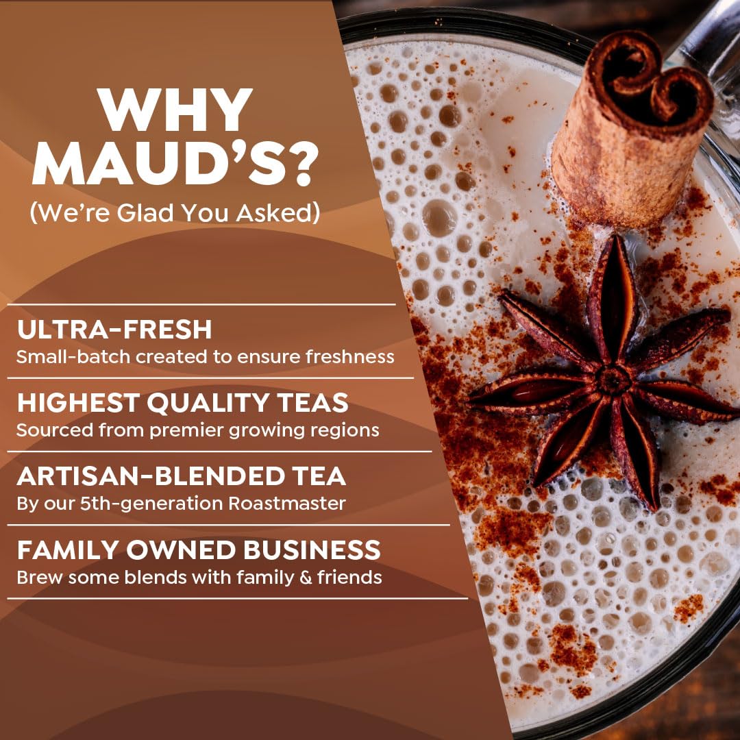 Maud's Chai Tea Latte Pods, 18 ct, Single Serve Tea Pods - 100% Gourmet Blended Tea Leaves, Compatible with Keurig K Cups Maker